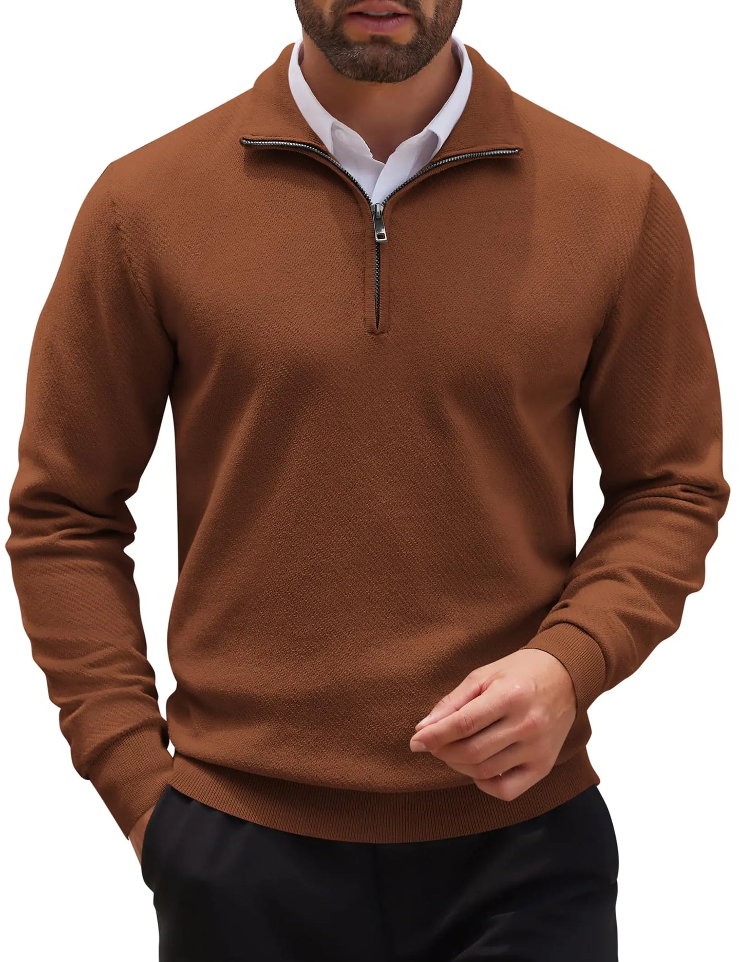 COOFANDY Mens Quarter Zip Up Sweaters Slim Fit Casual Long Sleeve Knitted Mock Neck Pullover Sweaters Brown